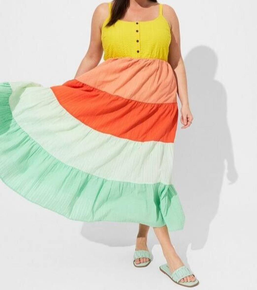 Torrid Seersucker tiered colorblock maxi dress babydoll boho 2